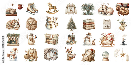 New Year Composition. Watercolor Scandinavian Christmas Elements Collection.