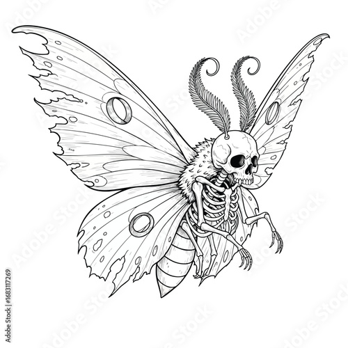 Gothic line art illustration of a death moth with a human skull skeleton body and tattered wings.