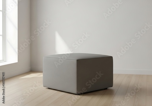 Minimalist interior design, featuring a modern cube shaped ottoman