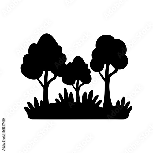 Three silhouetted trees with grassy vegetation landscape in simplistic cartoon style