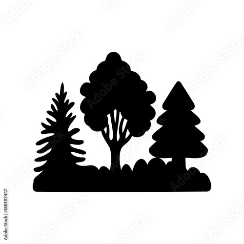 Simple black and white illustration of coniferous and deciduous trees