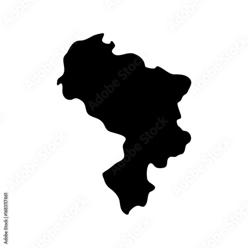 High contrast black silhouette of an irregular shaped landmass on white background
