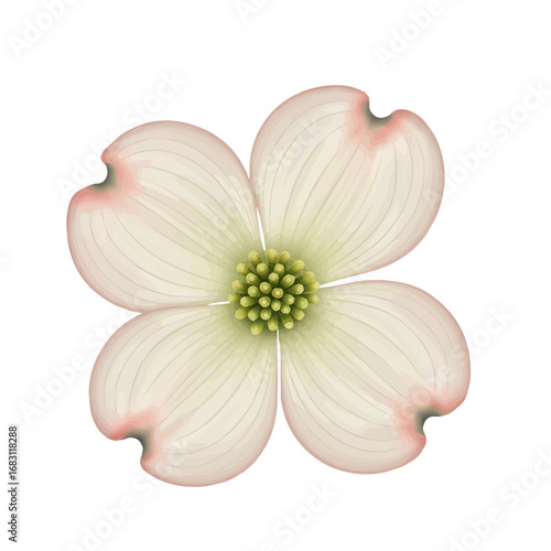 Soft pastel pink dogwood flower blossom with four delicate petals isolated on white background for botanical design