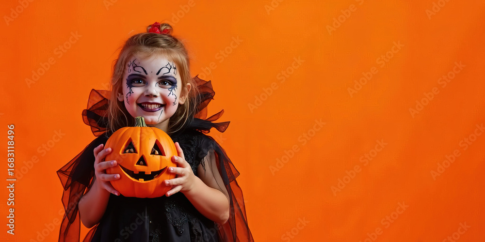 Naklejka premium Happy girl with vampire face painting dressed up is holding jack-o-lantern isolated of orange background