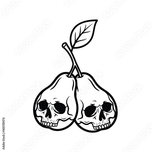 Macabre black and white line art of two pears carved into human skulls on a stem.