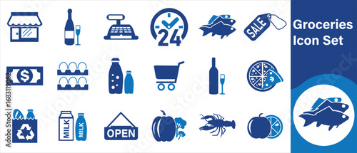 Grocery icon set, shopping cart, grocery bag, supermarket, fresh produce, vegetables, fruits, meat, fish, dairy products, bread, bakery, eggs, cheese, milk, cereals, rice and more