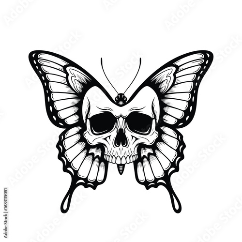 Monochrome illustration of a human skull with large butterfly wings in a tattoo art style.