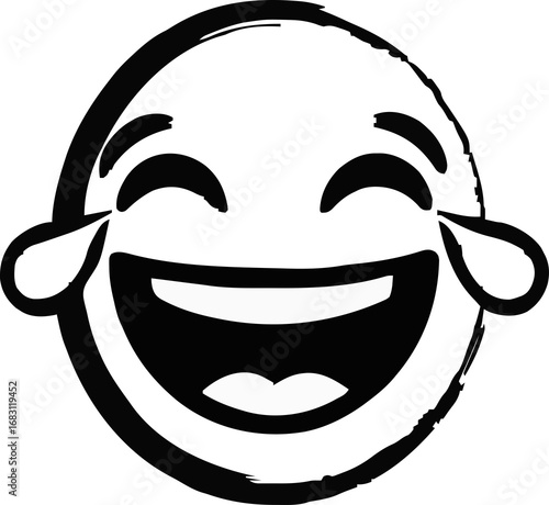 Brush Stroke Laughing Emoji with Tears of Joy - Joyful Black and White Laughter Icon isolated on png, transparent background