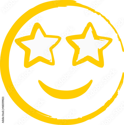 Vibrant Yellow Star-Eyed Smiley Face - Hand-Drawn Emoji Icon Expressing Excitement and Admiration isolated on png, transparent background