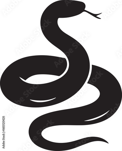  Minimalist coiled snake vector, smooth black silhouette with subtle curves and white accent highlights, simple modern line illustration.eps