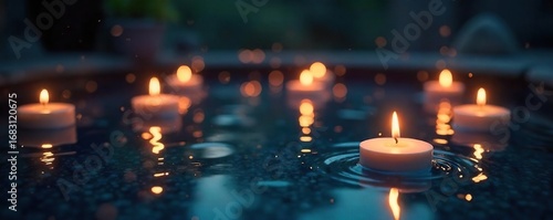Mystical floating candles illuminate a dark pool of water, creating a serene and enchanting atmosphere Perfect for spa, meditation, and fantasy themes , atmosphere, tranquility