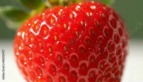 An extreme macro close-up of a single, vibrant red strawberry showcases its glossy texture and detailed seeds.