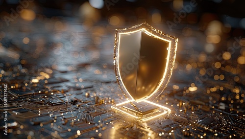 Glowing shield trophy on circuit board.  Abstract, modern,  technology.  Protection, security