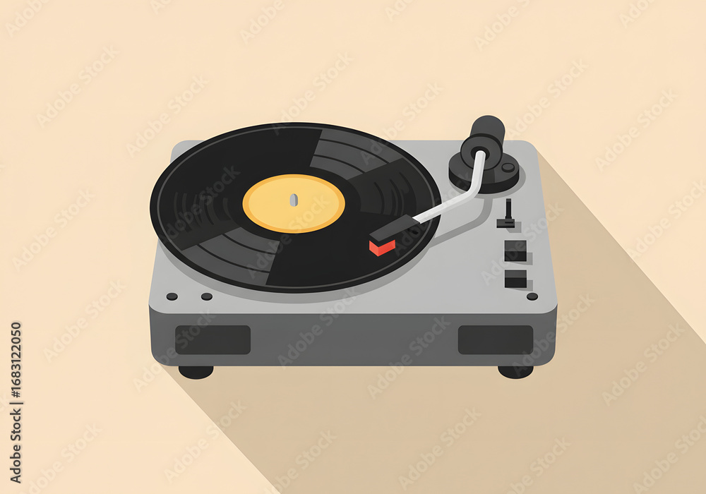 Fototapeta premium Stylized turntable with vinyl record on transparent background