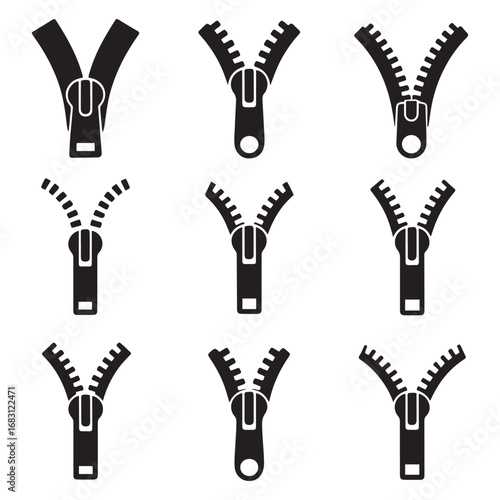 Set Zipper vector icon sign symbol. Vector black silhouette. with white background