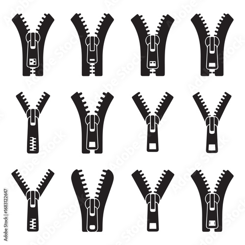 Set Zipper vector icon sign symbol. Vector black silhouette. with white background