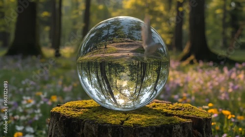 A crystal ball reflecting the forest scenery.