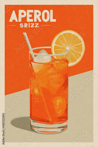 Retro Aperol Spritz graphic with warm colors and fresh lemon. Great for branding and beverage advertising.