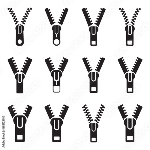 Set Zipper vector icon sign symbol. Vector black silhouette. with white background