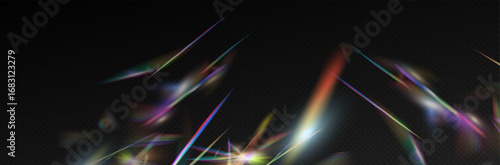 Set of rainbow light flares, reflection effect, falling confetti. Light rainbow lights with transparent effect, sparkling prism, stripe overlay, rainbow crystal, vector, png.