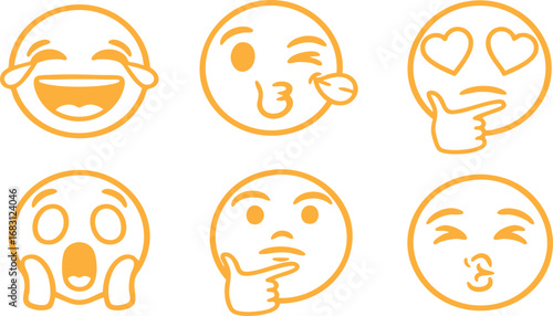 Vector Expressive Orange Outline Emoji Vector Set with Diverse Emotions