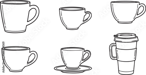 Diverse Coffee and Tea Cup and Mug Outline Vector Collection