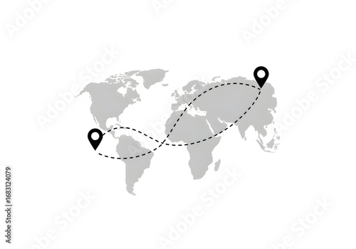 World map with route and location markers