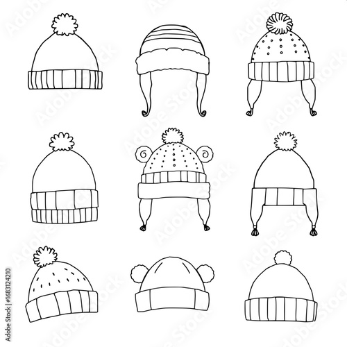 Collection of 9 hand-sketched winter hats in doodle-style silhouettes, featuring a variety of beanies, trapper hats, pom-pom caps, and earflap hats, with simple lines, minimal details, and bold outlin