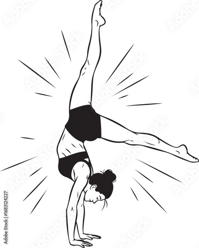 Female gymnast performing a handstand with legs split