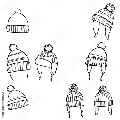 Collection of 9 hand-sketched winter hats in doodle-style silhouettes, featuring a variety of beanies, trapper hats, pom-pom caps, and earflap hats, with simple lines, minimal details, and bold outlin