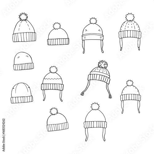 Collection of 9 hand-sketched winter hats in doodle-style silhouettes, featuring a variety of beanies, trapper hats, pom-pom caps, and earflap hats, with simple lines, minimal details, and bold outlin