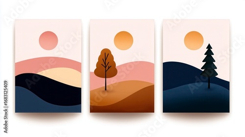 Explore trendy minimalist abstract landscape illustrations with hand-drawn contemporary posters for your artistic needs.