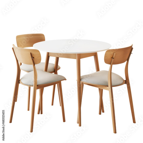 Modern dining set with round table and wooden chairs for kitchen or dining room
