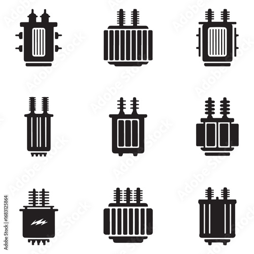 Set Electric transformer vector icon sign symbol. Vector black silhouette. with white background