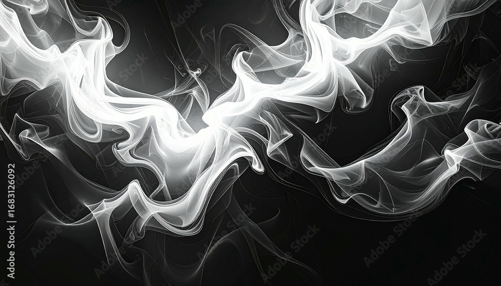 Obraz premium Abstract swirling white smoke patterns against a dark background.