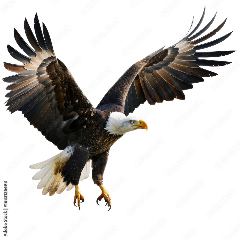 Obraz premium Majestic bald eagle soaring with wings spread wide against a dark dramatic background