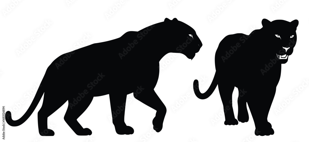 Naklejka premium Isolated panther silhouette vector illustration of two wild cats on white background
