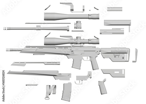 Polygonal blueprint of a modern sniper rifle with intricate details, isolated on a bright white background. Side view. Vector illustration