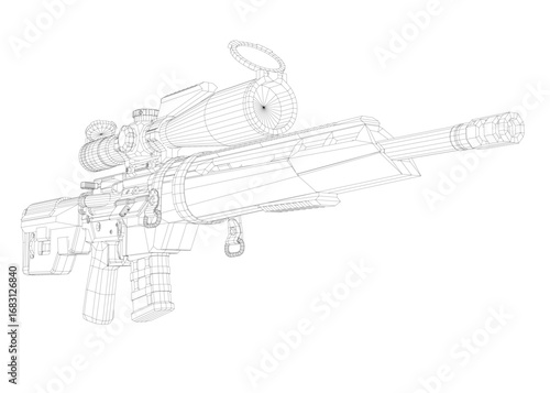 Modern sniper rifle 3D wireframe model on white background, featuring intricate lines and detailed curves for a realistic blueprint design.