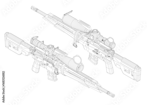 Modern sniper rifle 3D wireframe model on white background, featuring detailed blueprint design with intricate lines and realistic shading.