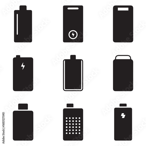 Set Power bank icon. Vector black silhouette. with white background