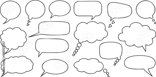 Vector Hand-Drawn Speech and Thought Bubbles Set. Doodle Comic Style Empty Dialogue and Idea Clouds for Communication, Storytelling, Chat, and Design Elements.