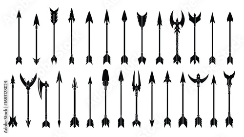 Vector illustration set of ancient arrows, spears, and medieval weapon designs for games silhouette