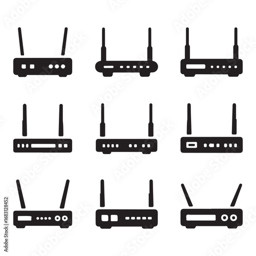 Set Router icon. Vector black silhouette. with white background