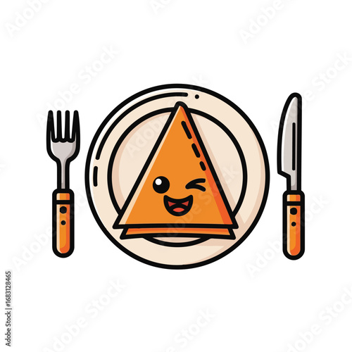 Vector illustration of cute cartoon triangle food on a plate with fork and knife isolated for thanksgiving