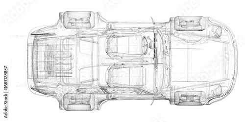 Sport car blueprint wireframe reveals detailed interior layout on a clean white background. Top view. Vector illustration