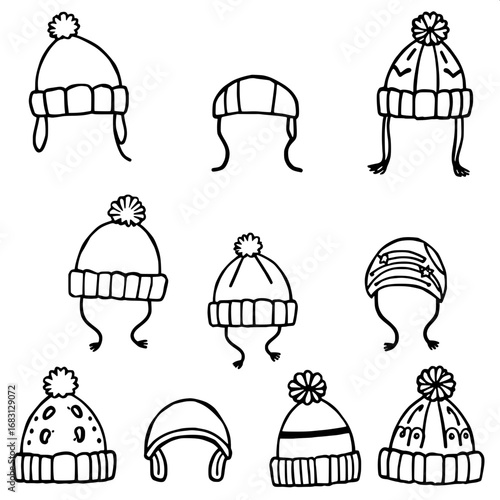 Set of 9 doodle-style winter hats in simple black silhouettes, featuring a mix of children's and adults' designs with playful hand-drawn outlines, conveying a cozy winter theme through minimal and cut