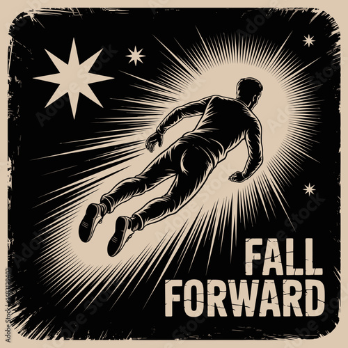 Retro comic book style illustration of a person falling forward through space with a bright light and starburst effect symbolizing progress and forward momentum