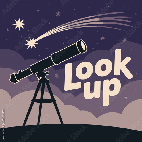 A vintage style illustration of a telescope on a tripod pointed towards a starry night sky with a shooting star and the words look up