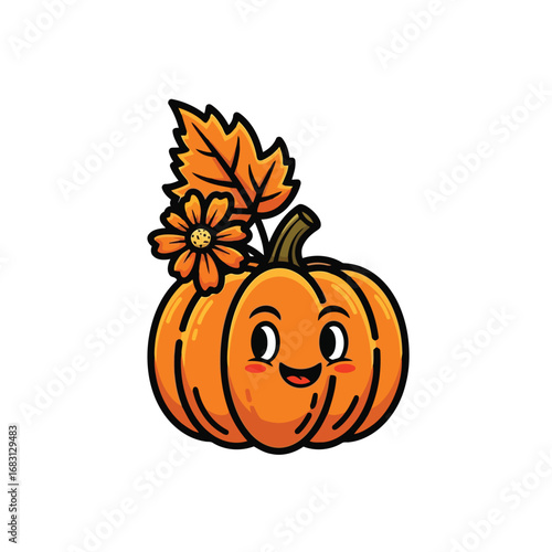 Vector illustration of cute cartoon pumpkin with autumn leaf and flower for thanksgiving